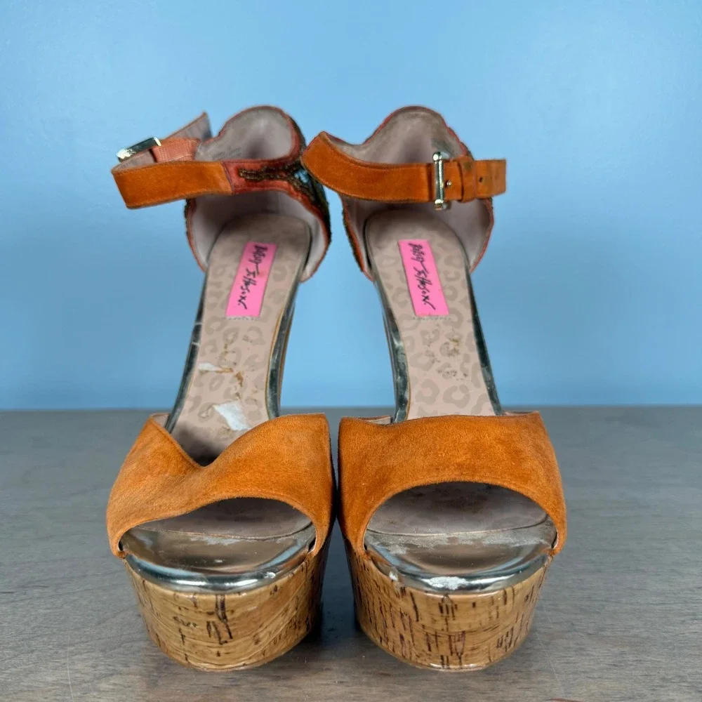 Betsey Johnson Isabell Platform Sandals Womens 7.5 Orange Suede Beaded Stiletto